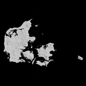 May include: A white outline of Denmark on a black background. The outline is detailed and includes the islands of Funen, Zealand, and Bornholm.