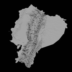 May include: A grayscale topographical map of Ecuador, showing the country's mountainous terrain and coastal regions.