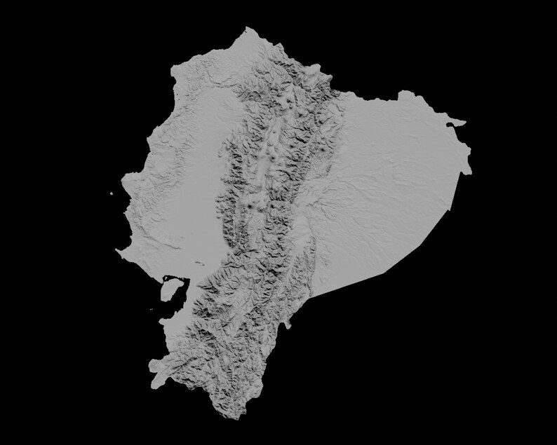 May include: A grayscale topographical map of Ecuador, showing the country's mountainous terrain and coastal regions.