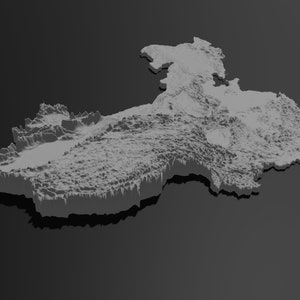 May include: A grey 3D topographical map of a landmass, showing detailed surface variations. The map is set against a dark grey background, with shadows adding depth and dimension to the terrain.
