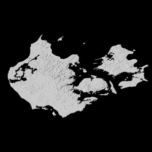 May include: A 3D rendering of a white island with a rugged coastline and several inlets. The island is isolated against a black background.