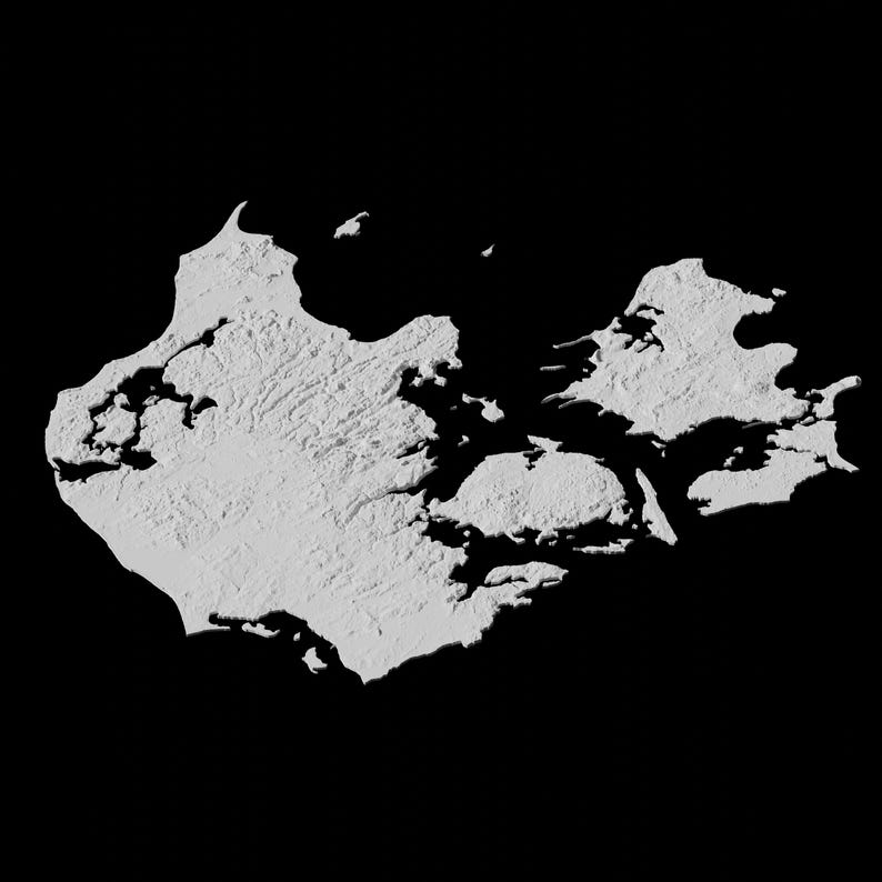 May include: A 3D rendering of a white island with a rugged coastline and several inlets. The island is isolated against a black background.
