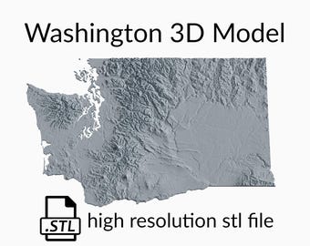 May include: A 3D model of the state of Washington, rendered in a light gray color. The model is a high-resolution STL file.