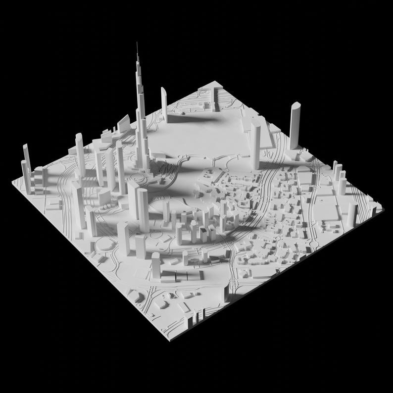 Puede incluir: Un modelo 3D blanco de un horizonte de ciudad con edificios altos y un gran parque central.