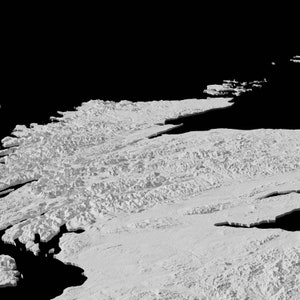 May include: A 3D rendering of a mountainous landscape with a coastline. The landscape is rendered in shades of gray, with the mountains appearing to be made of rock. The coastline is rendered in a darker shade of gray, with the water appearing to be black.