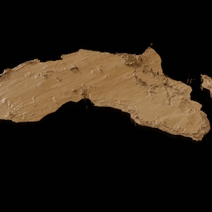 May include: A 3D rendering of the continent of Africa, shown in a light brown color. The continent is isolated against a black background.
