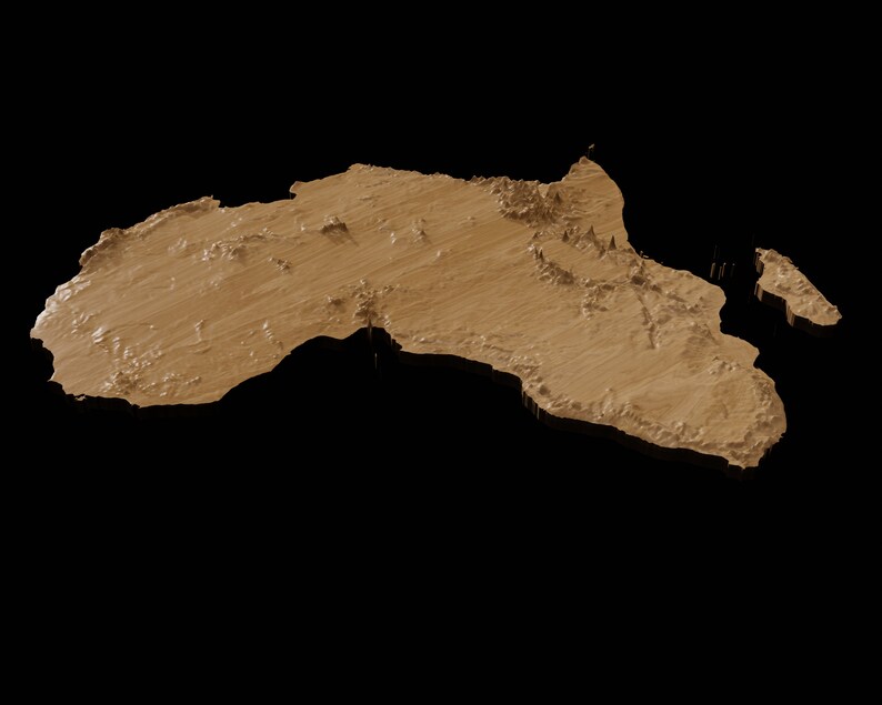 May include: A 3D rendering of the continent of Africa, shown in a light brown color. The continent is isolated against a black background.
