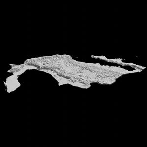 Puede incluir: Una representaci&oacute;n 3D de una isla blanca con una costa accidentada y un terreno monta&ntilde;oso.