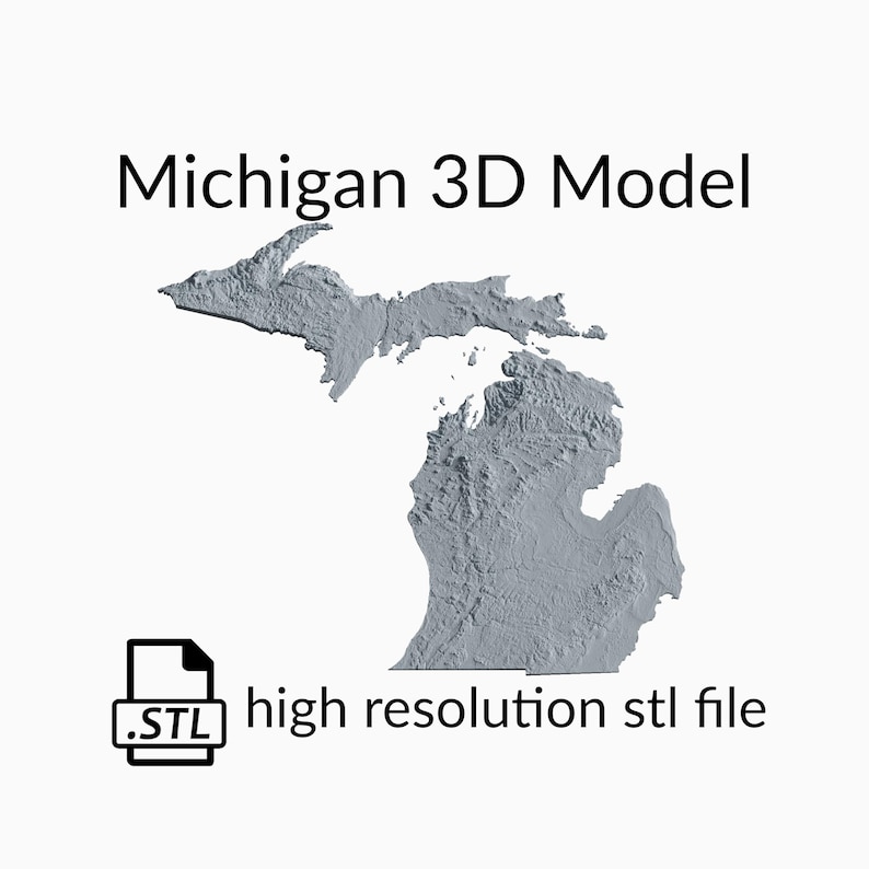 Op de afbeelding: Een 3D-model van de staat Michigan, gerenderd in grijs. Het model is een hoge resolutie STL-bestand.
