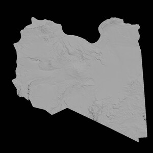 Puede incluir: Un mapa en escala de grises de Libia, que muestra las caracter&iacute;sticas geogr&aacute;ficas y las fronteras del pa&iacute;s.