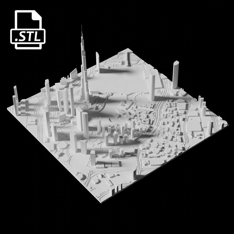 Puede incluir: Un modelo de ciudad en 3D impreso en blanco con edificios altos y una gran plaza central.