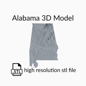 Staat von Alabama Topografische Karte 3D Modell Datei | STL-Datei für CNC Fräsen und 3D Druck | 3D Landkarte STL von Alabama