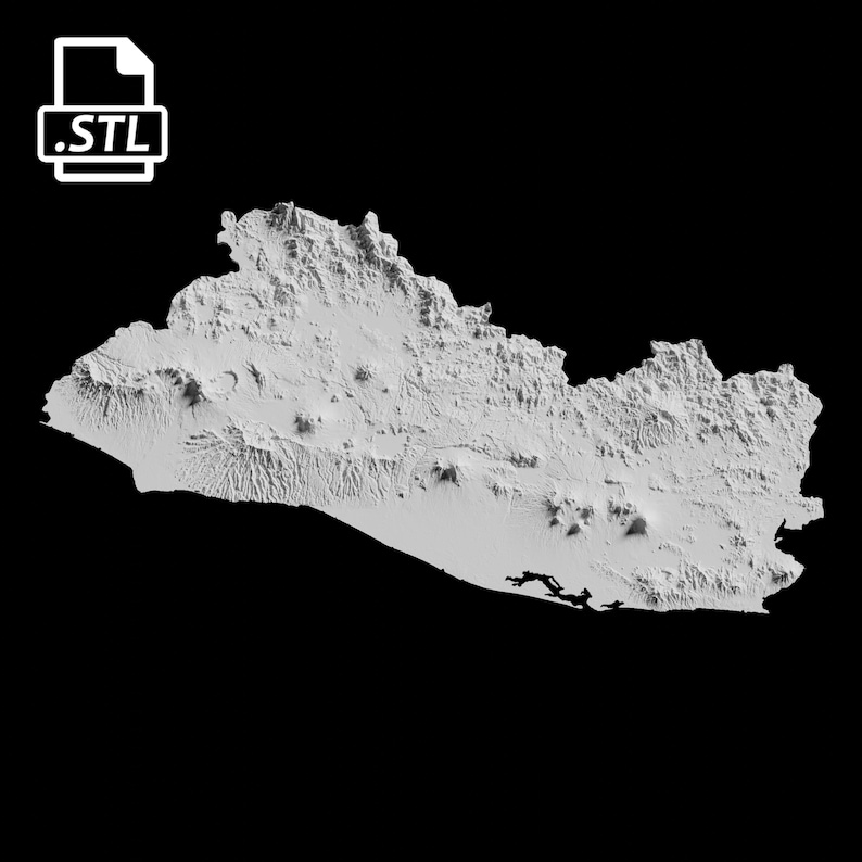 May include: A 3D model of El Salvador, a Central American country, rendered in white against a black background. The model shows the country's mountainous terrain and coastline.
