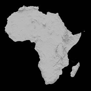 May include: A grayscale map of the continent of Africa. The map shows the topography of the continent with mountains and valleys.