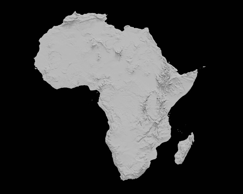 May include: A grayscale map of the continent of Africa. The map shows the topography of the continent with mountains and valleys.