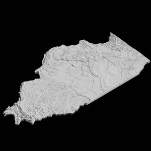 May include: A 3D rendering of a gray, textured map of a state or region. The map is tilted at an angle, giving a perspective view.