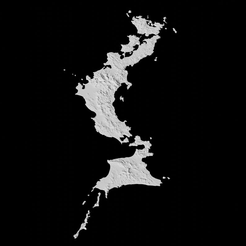 May include: A white silhouette of an island chain with a rugged, textured surface. The island chain is shaped like a long, narrow peninsula with a large, central island and several smaller islands branching off.