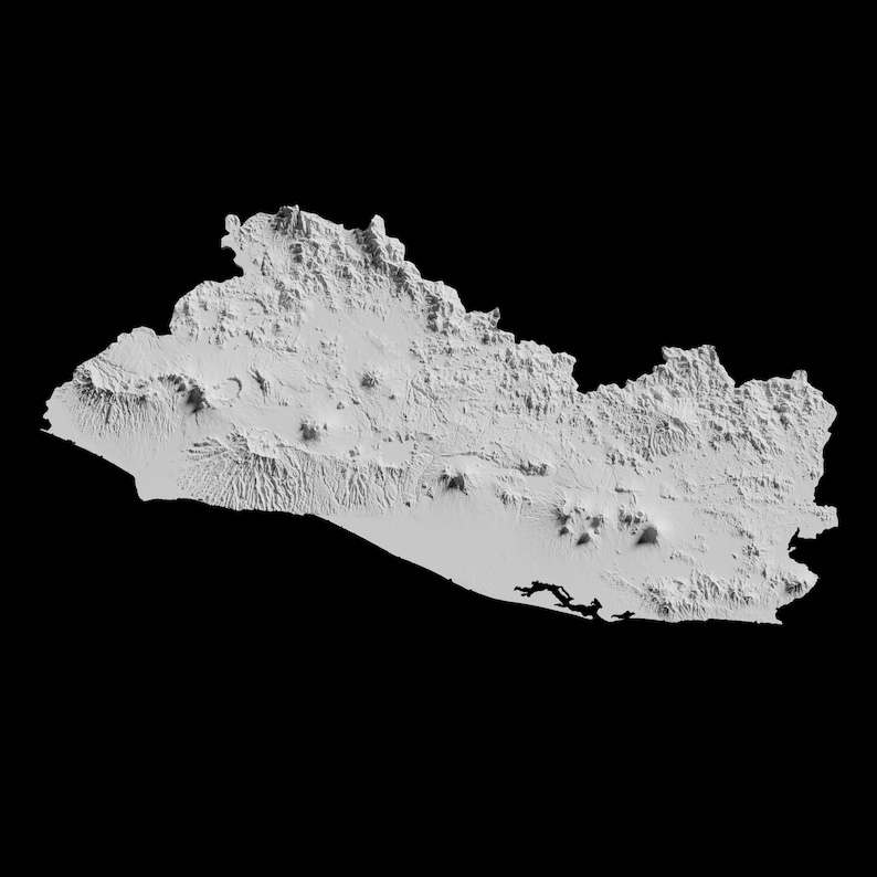 May include: A 3D topographical map of El Salvador, showing the country's mountainous terrain and coastline. The map is rendered in shades of grey, highlighting the elevation changes across the country.