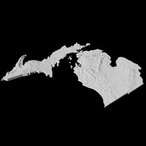 Op de afbeelding: Een 3D-model van de staat Michigan, gerenderd in wit tegen een zwarte achtergrond.