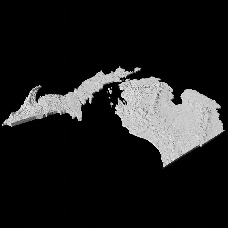Op de afbeelding: Een 3D-model van de staat Michigan, gerenderd in wit tegen een zwarte achtergrond.