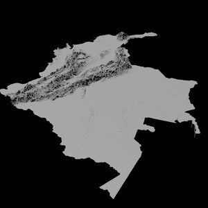 May include: A 3D rendering of a gray-scale map of a mountainous region. The map shows the terrain with detailed elevation changes.