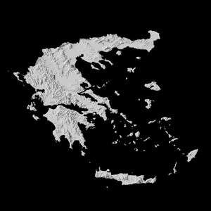 May include: A 3D topographic map of Greece, showing the country's mountainous terrain and numerous islands. The map is rendered in shades of gray against a black background.