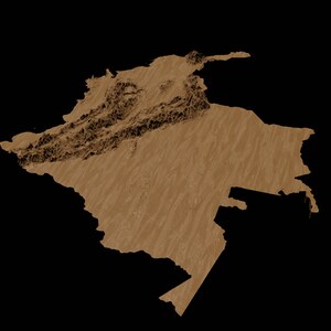 May include: A 3D rendering of a brown map of Colombia. The map is textured to show the different elevations of the country.