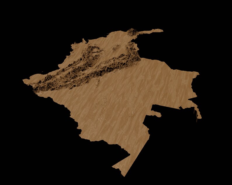 May include: A 3D rendering of a brown map of Colombia. The map is textured to show the different elevations of the country.