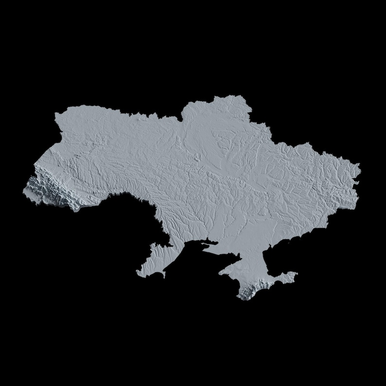 K&ouml;nnte beinhalten: Eine graue 3D-Karte der Ukraine, die die Grenzen und die Topographie des Landes zeigt.