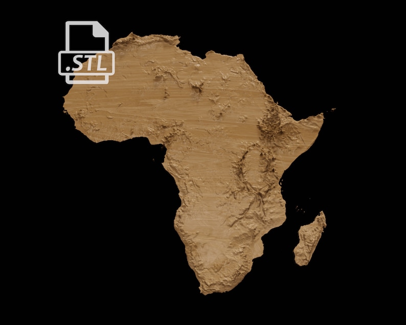 May include: A 3D model of the continent of Africa, rendered in a brown color. The model is in STL format, which is a common file format for 3D printing.
