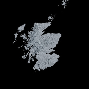 May include: A grayscale topographic map of Scotland, showing the mountainous terrain and coastline.