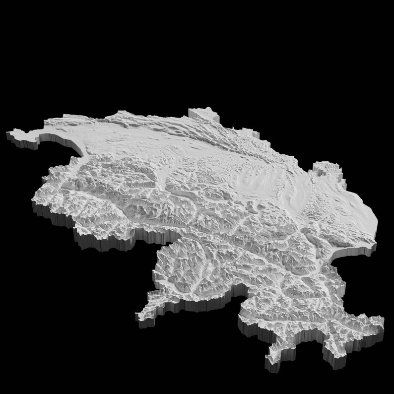 May include: A 3D model of a mountainous region, rendered in shades of gray against a black background. The model shows the topography of the area with peaks, valleys, and ridges.