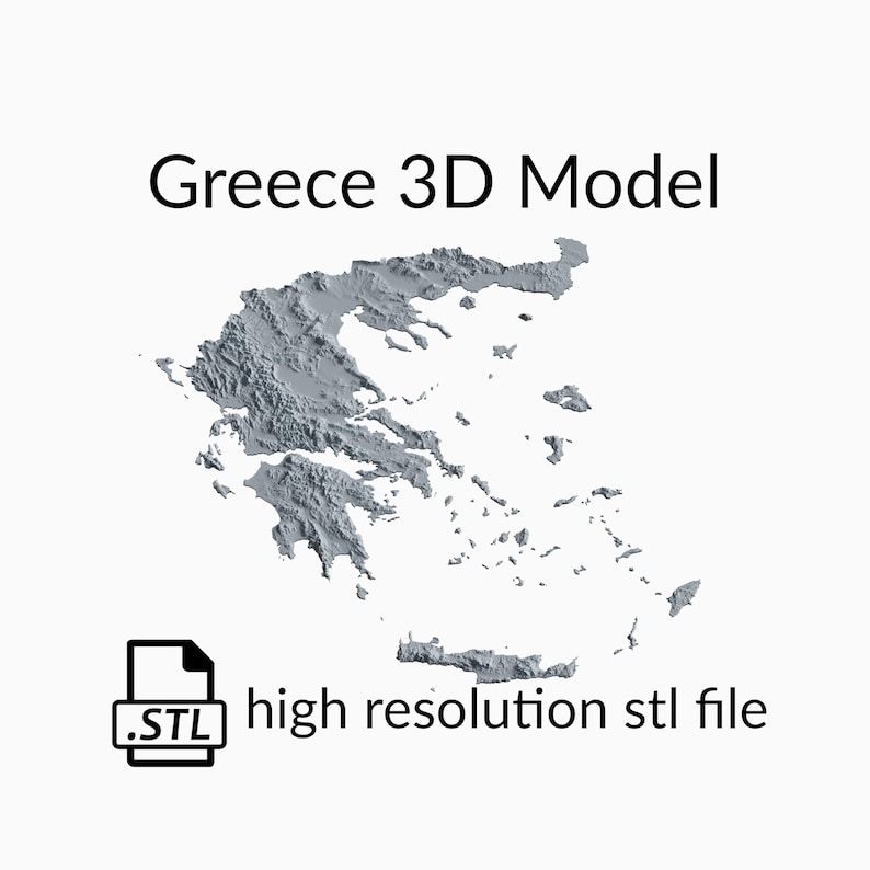 May include: A 3D model of Greece, rendered in gray, with a high resolution STL file. The model is a digital representation of the country's geography, including its mainland and islands.