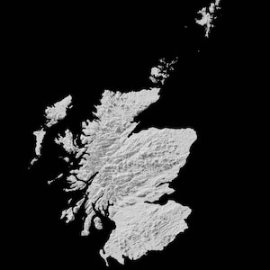 May include: A black and white topographic map of Scotland, showing the country's mountainous terrain.