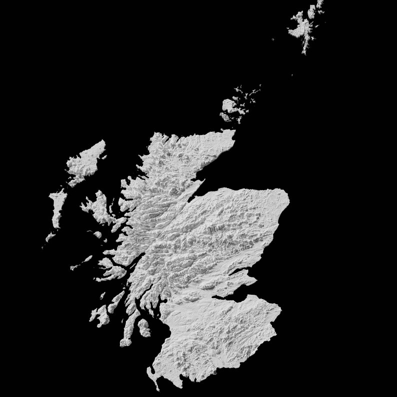 May include: A black and white topographic map of Scotland, showing the country's mountainous terrain.