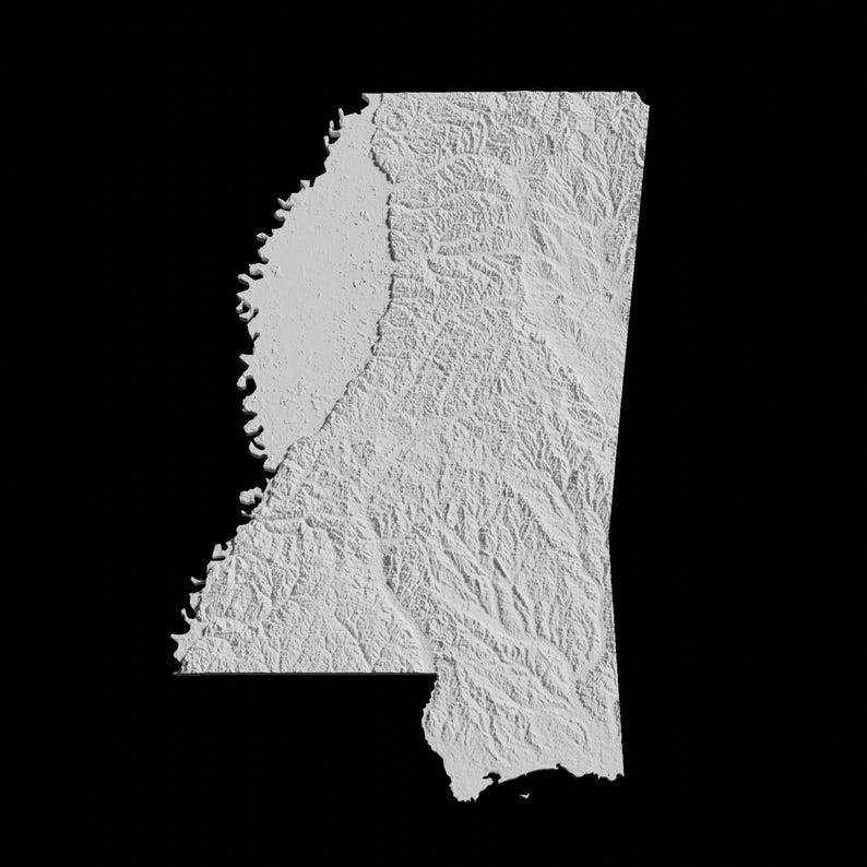 Może przedstawiać: Mapa topograficzny stanu Mississippi w skali szarości.