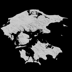 May include: A white 3D map of an island with a rugged coastline and several inlets. The island is surrounded by a black background.