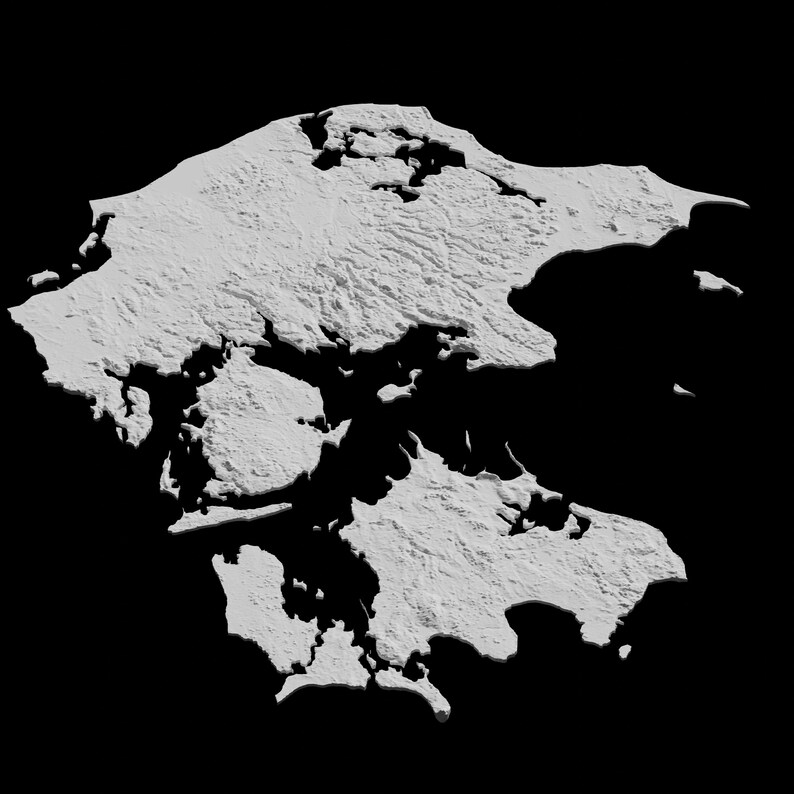 May include: A white 3D map of an island with a rugged coastline and several inlets. The island is surrounded by a black background.