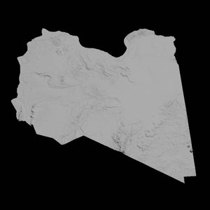 Puede incluir: Un mapa topogr&aacute;fico en escala de grises de Libia, que muestra el terreno variado del pa&iacute;s.