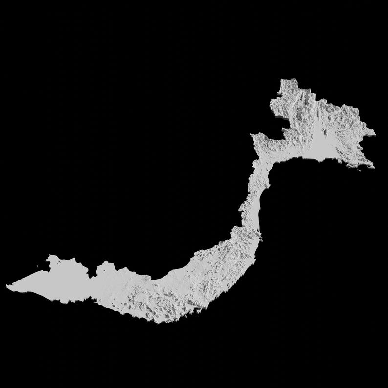 Puede incluir: Una imagen en escala de grises de una pen&iacute;nsula con una costa accidentada. La pen&iacute;nsula tiene la forma de un dedo largo y estrecho que apunta hacia la derecha.