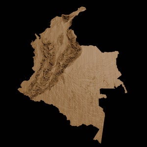 May include: A brown topographical map of Colombia, showing the country's geographical features.