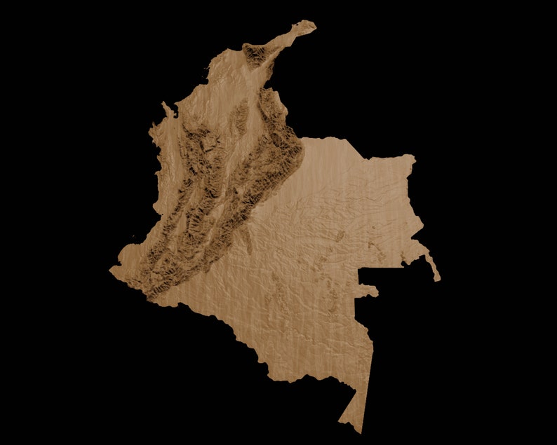 May include: A brown topographical map of Colombia, showing the country's geographical features.