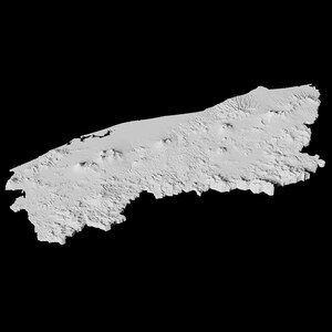 May include: A 3D rendering of a white island with a mountainous terrain. The island is isolated and surrounded by a black background.