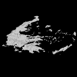 May include: A 3D rendering of the Greek islands, showing the mainland and surrounding islands in white against a black background.