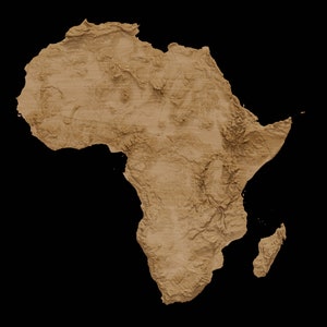 May include: A detailed topographic map of the continent of Africa, rendered in a warm brown color. The map highlights the continent's diverse terrain, including mountains, valleys, and plains.