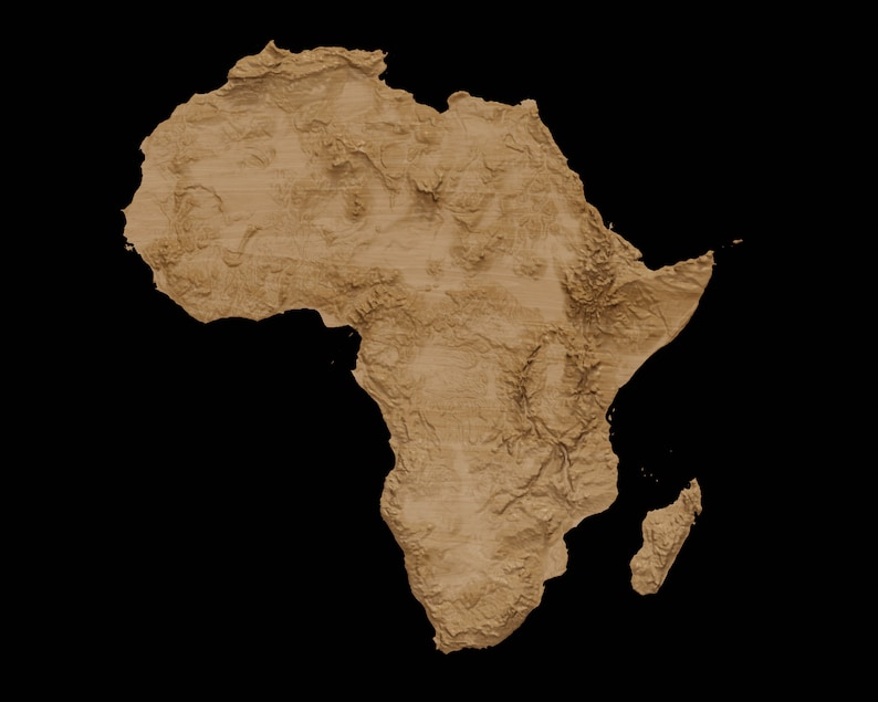 May include: A detailed topographic map of the continent of Africa, rendered in a warm brown color. The map highlights the continent's diverse terrain, including mountains, valleys, and plains.