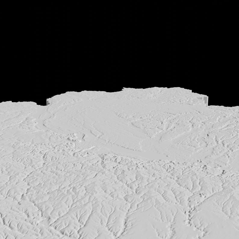 K&ouml;nnte beinhalten: Eine 3D-Darstellung einer Berglandschaft mit einer wei&szlig;en, strukturierten Oberfl&auml;che und einer Vielzahl von Gipfeln und T&auml;lern.