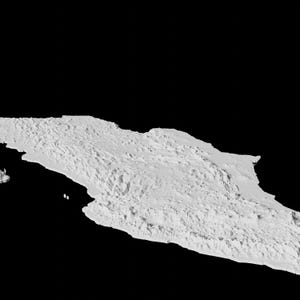 Puede incluir: Un modelo 3D impreso en blanco de una isla monta&ntilde;osa con una costa rocosa.