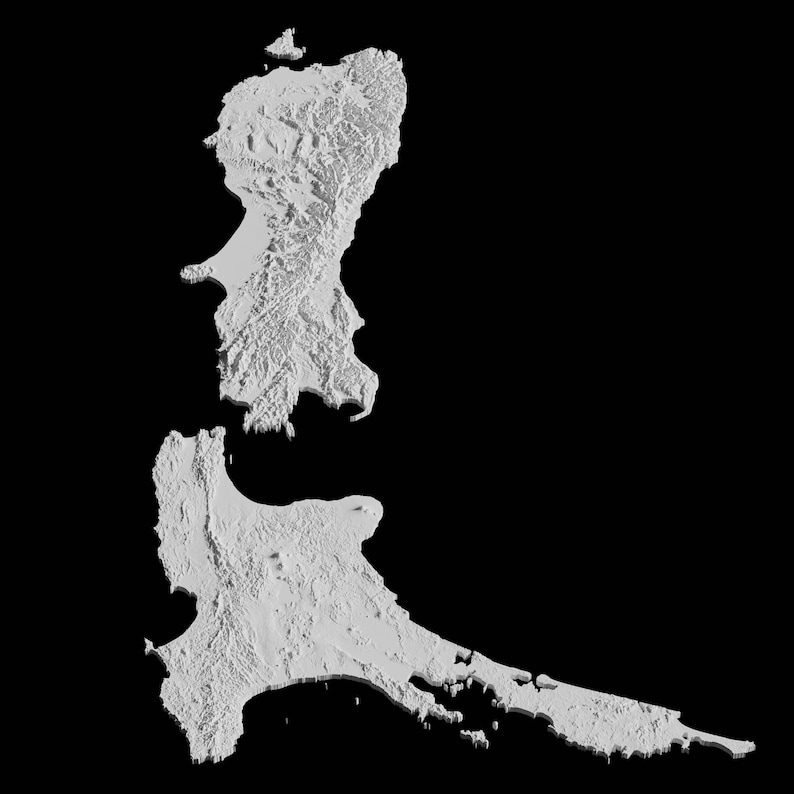 May include: A 3D rendering of a white island with a mountainous terrain. The island is surrounded by water and has a long, narrow peninsula extending from the main landmass.
