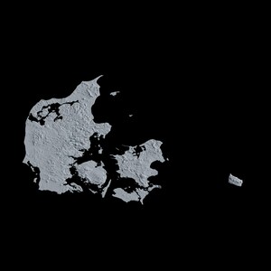May include: A grayscale map of Denmark, showing the country's islands and coastline.